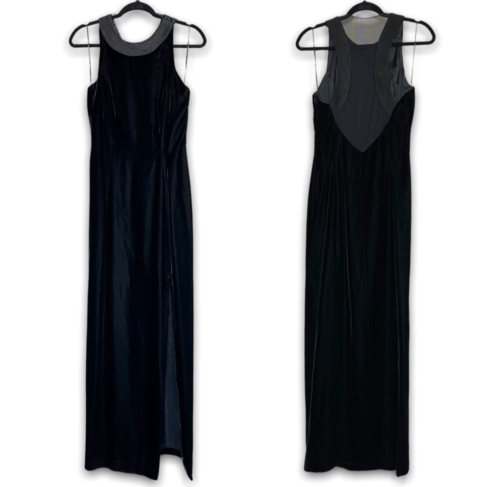 VINTAGE Black Velvet Halter Neck Thigh Slit Racerback Mesh Panel‎ Column Gown